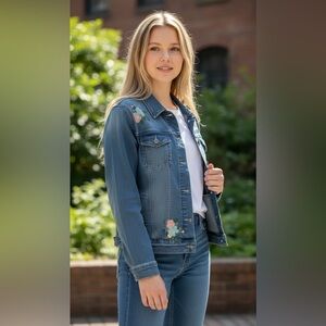 Arizona Jean Company Blue Jean Jacket with Floral Embroidery
